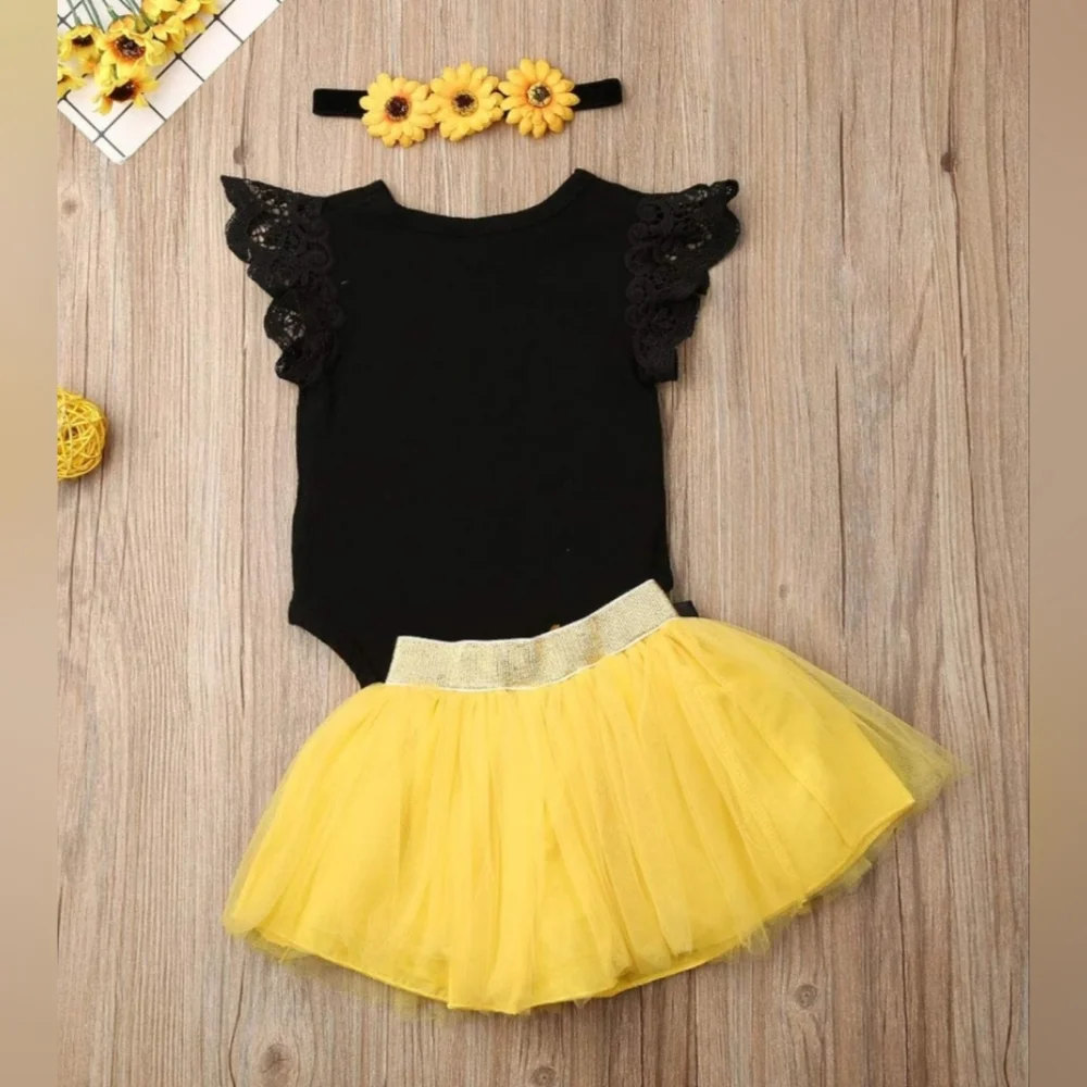 ​Baby Girl First Birthday Outfit Sunflower Tutu Dress Lace Sleeve Bodysuit 9-12M